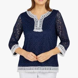 Alfred Dunner Lace Fringe Diamond Textured Knit Top Brand New With Tags